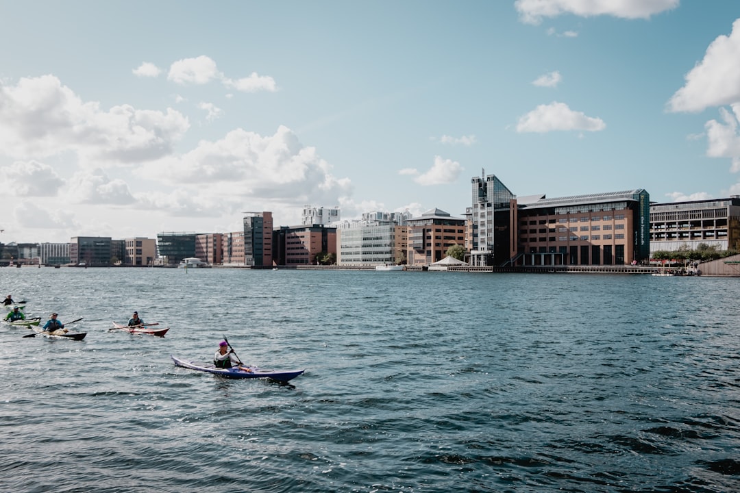 Swimmers at Islands Brygge harbor bath in Copenhagen with city skyline in background