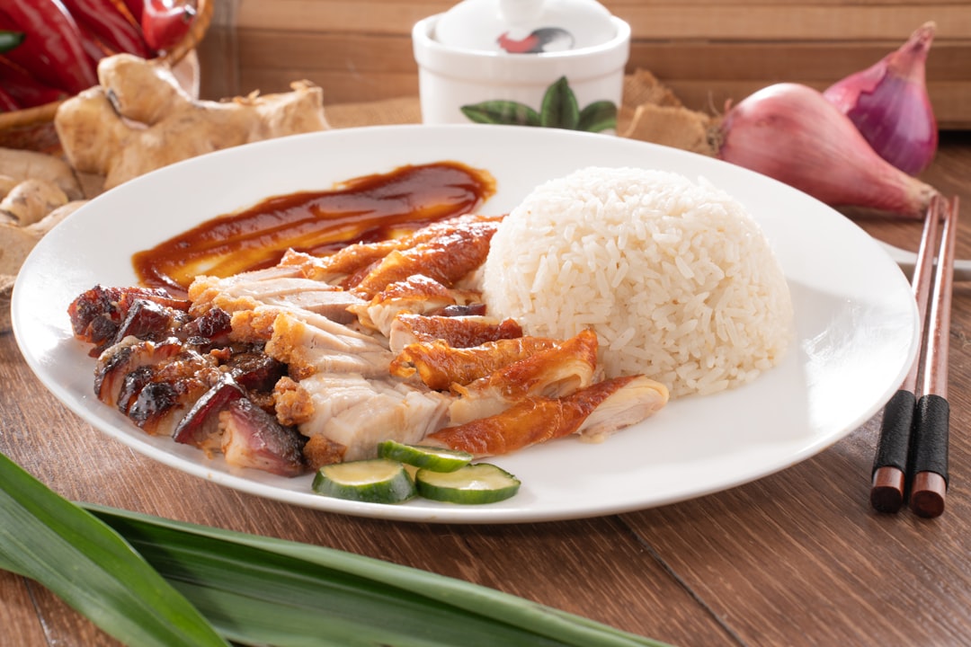 Malacca chicken rice balls with poached chicken at a traditional kopitiam