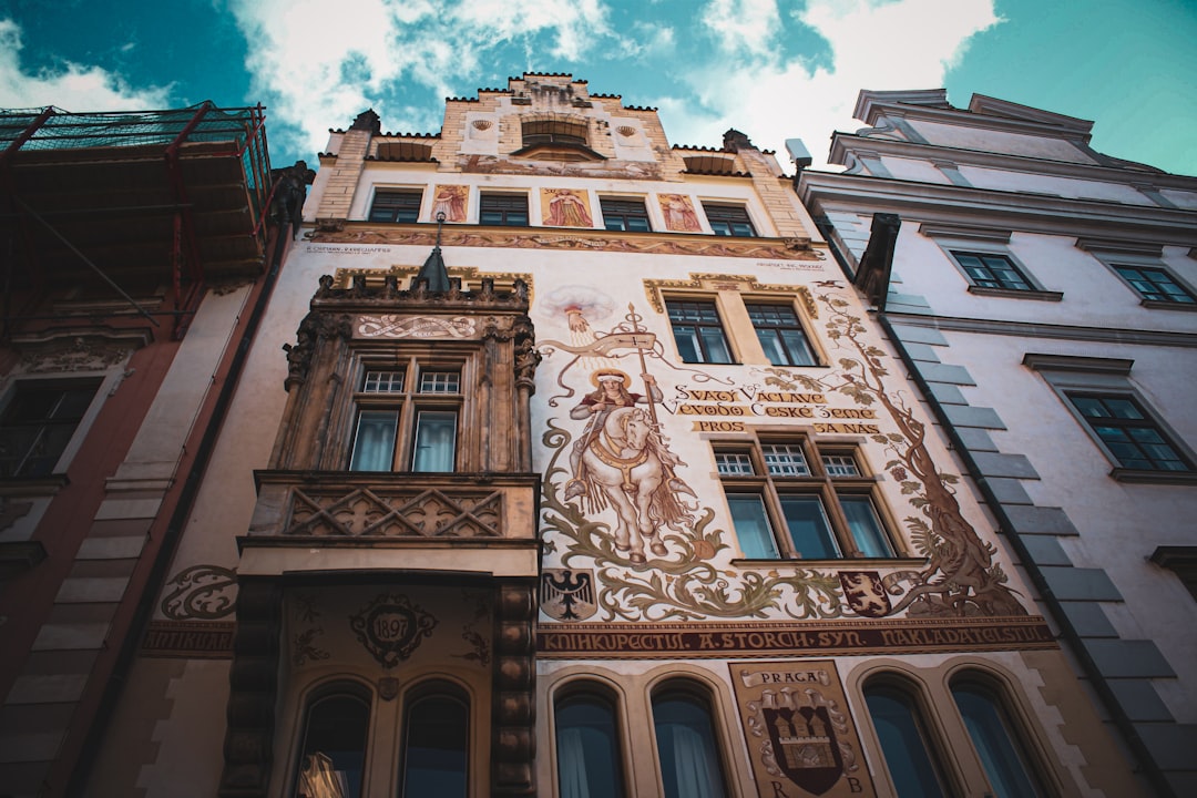 The Hlahol building mosaic façade on Masarykovo nábřeží in Prague along the Vltava River