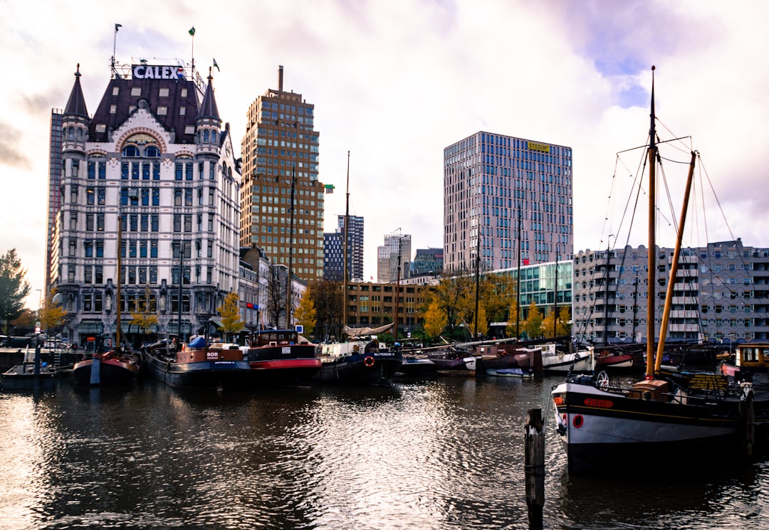 Historic Delfshaven canal with traditional Dutch buildings in Rotterdam