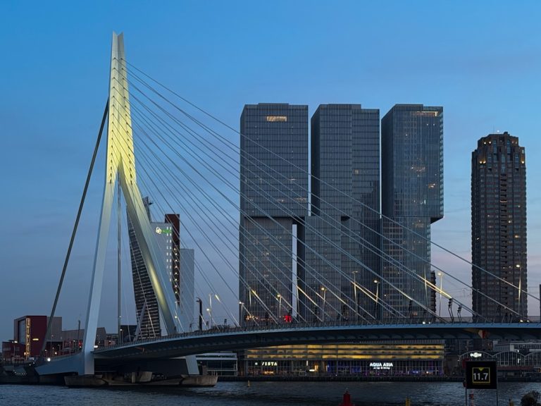 Erasmus Bridge and Kop van Zuid skyline at dusk in Rotterdam Netherlands