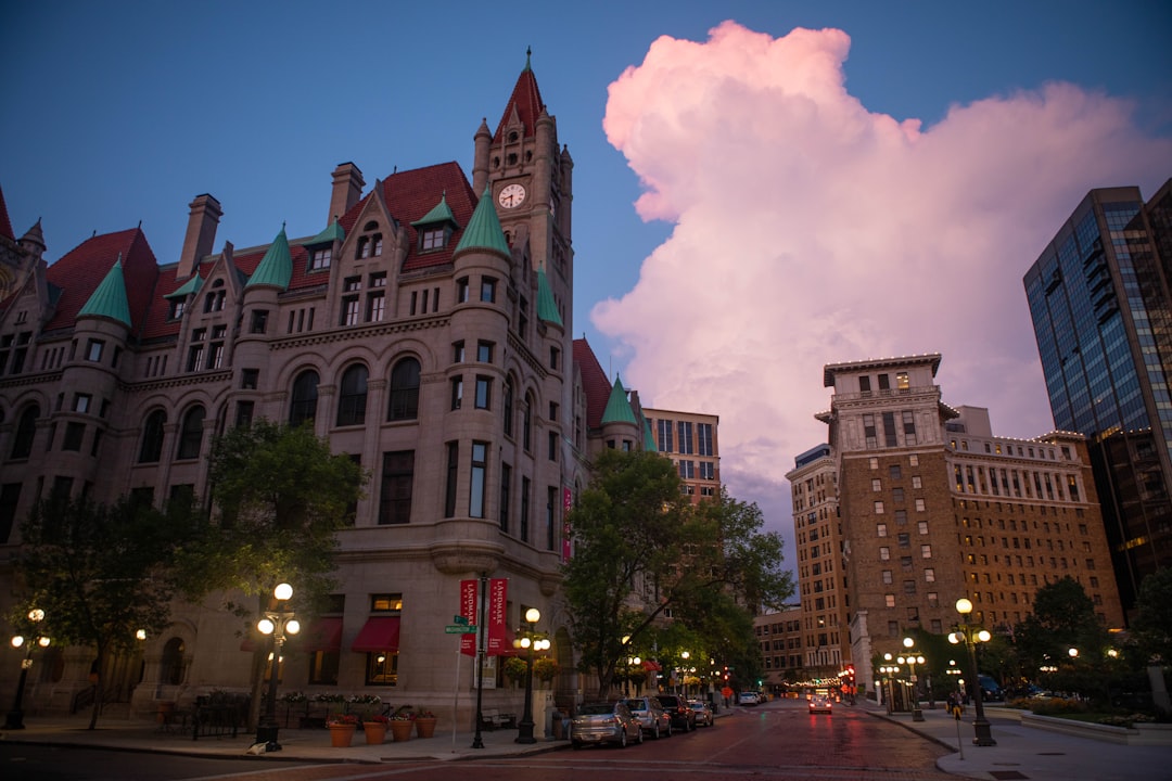 Hotel du Pont facade and Market Street in downtown Wilmington Delaware with cafes and historic architecture