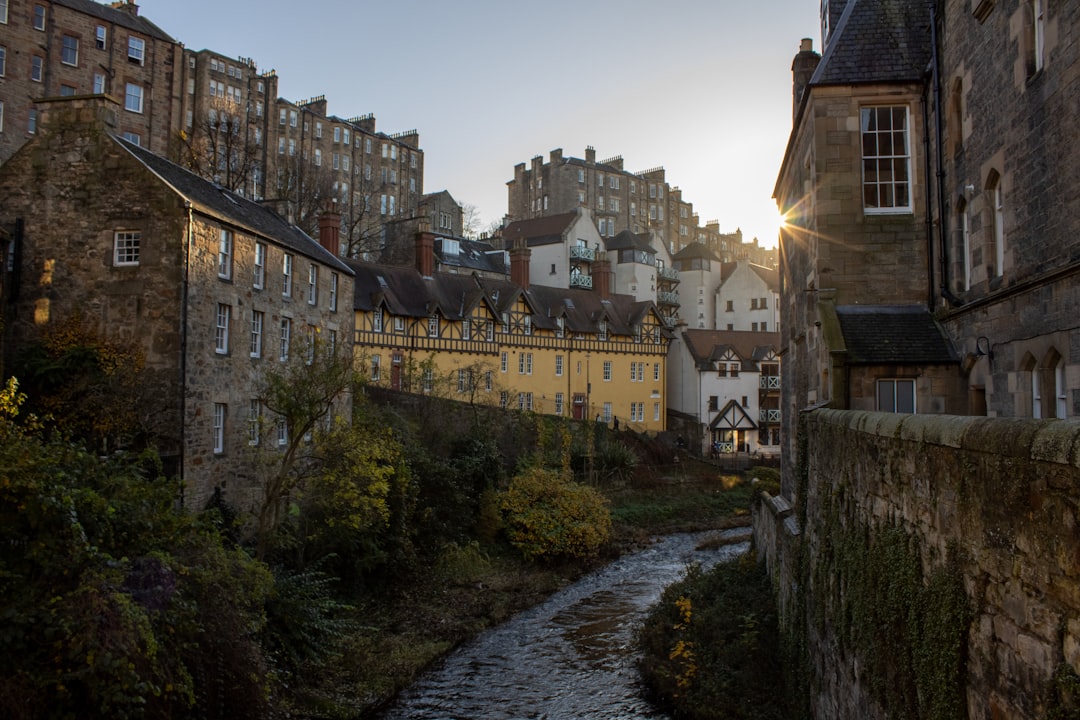 Dean Village stone buildings along the Water of Leith in Edinburgh