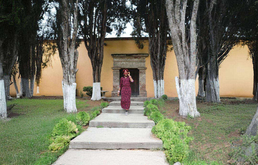 A person walking toward a building through trees