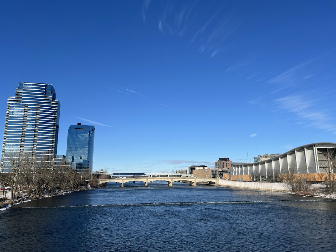 The Grand River flowing through downtown Grand Rapids, Michigan