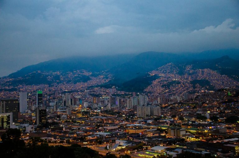 Medellín, Colombia: city scraper at night time