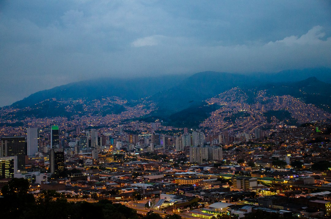 Medellín, Colombia: city scraper at night time