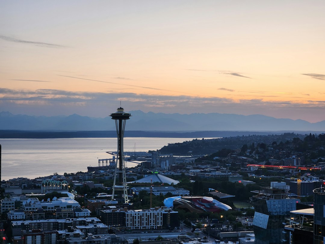 A view of a city with a lake and mountains in the background in Seattle