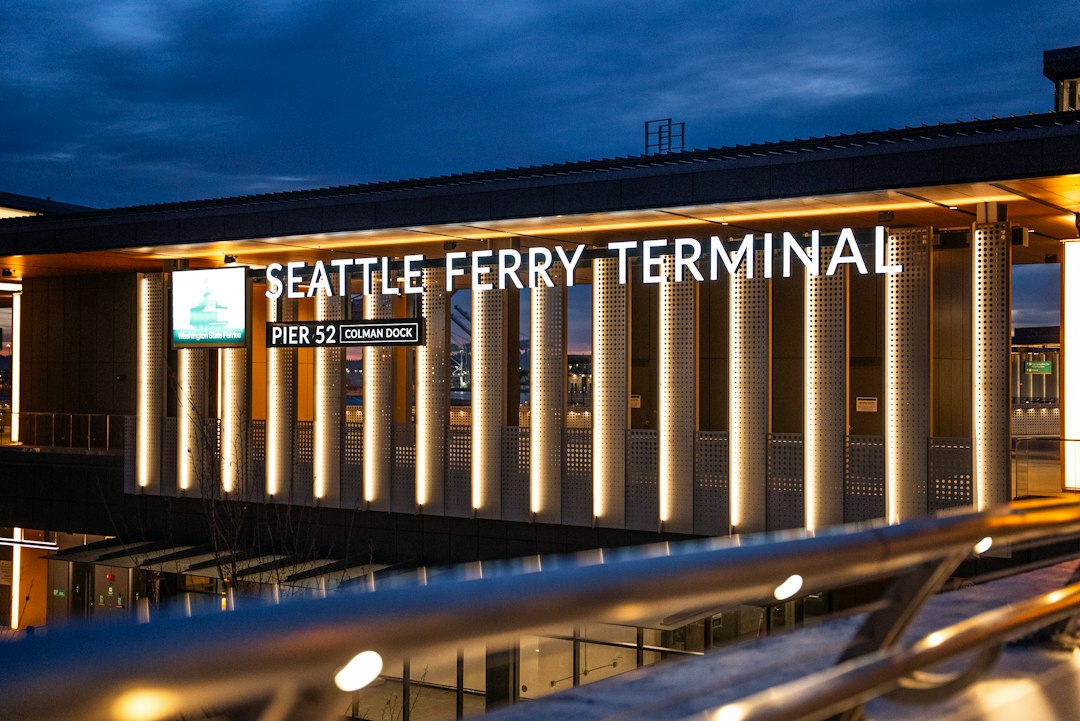 Seattle ferry terminal building at dusk