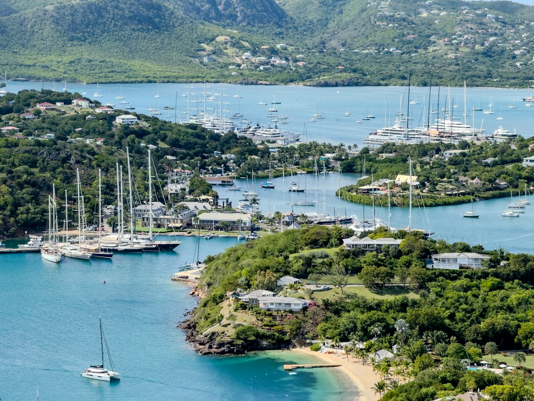Sailing yachts anchored in English Harbour, Antigua, seen from above