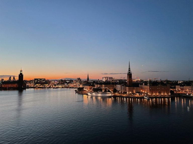 Body of water near city buildings during night time in Stockholm