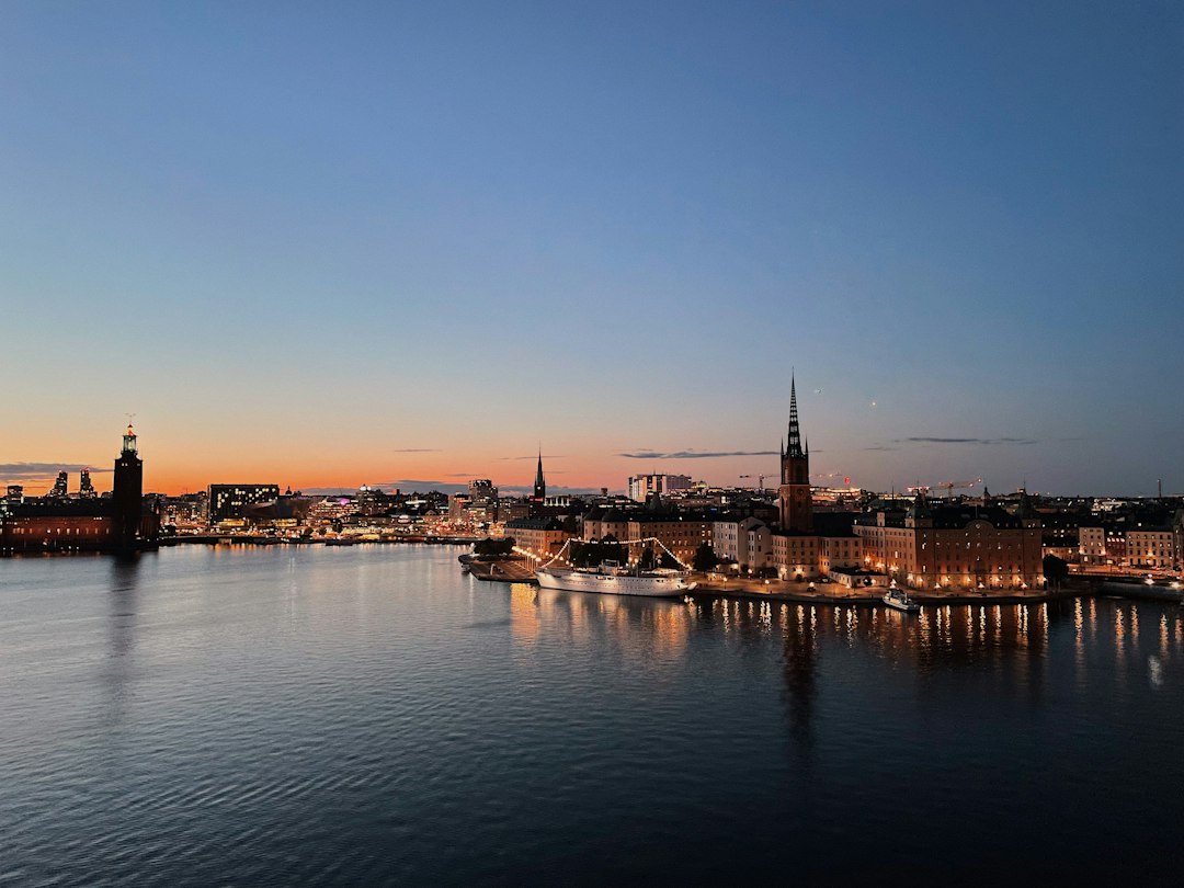Body of water near city buildings during night time in Stockholm