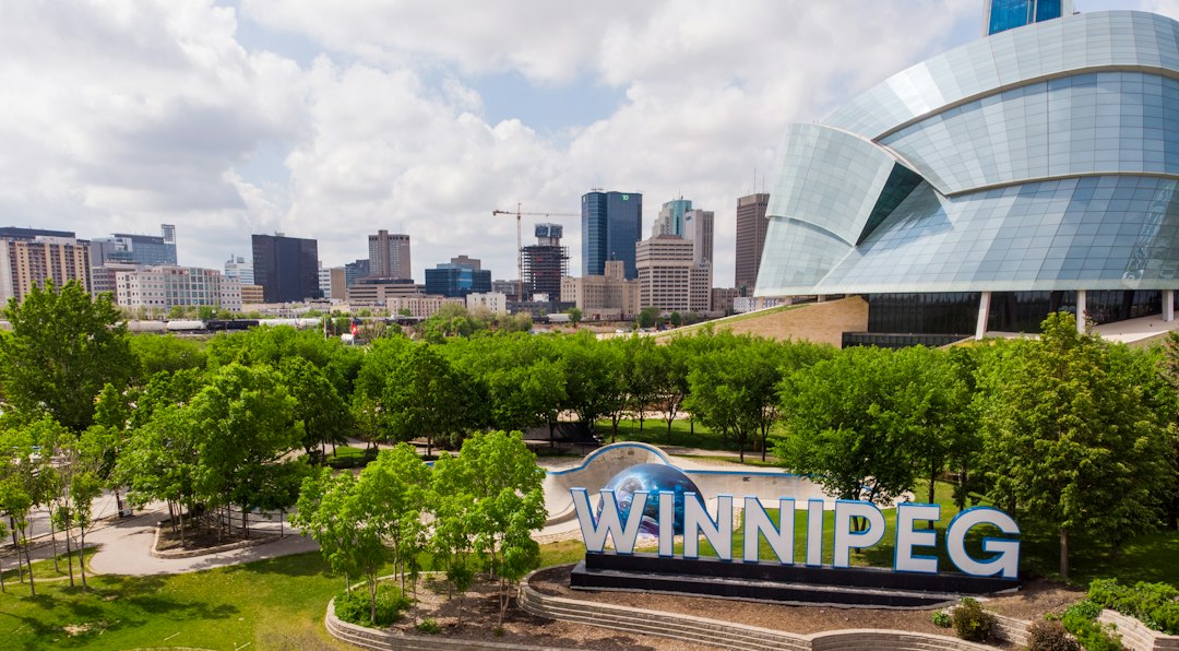 Downtown Winnipeg skyline and the Canadian Museum for Human Rights seen from The Forks